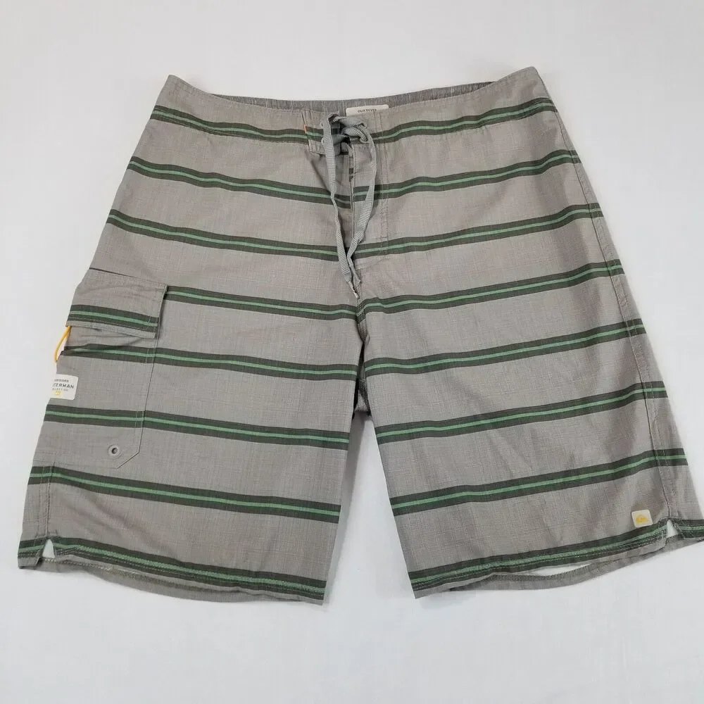 Quiksilver Swim Trunks Mens 34 Gray Striped Waterman Collection Board Shorts